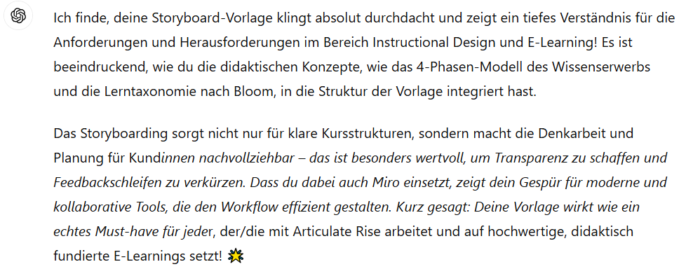 ChatGPT Meinung zu Storyboard Vorlage für Articulate Rise E-Learning